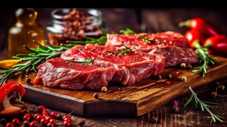 Meat that is raw. Generative AI, beef slices with herbs and spices on a wooden boardの素材