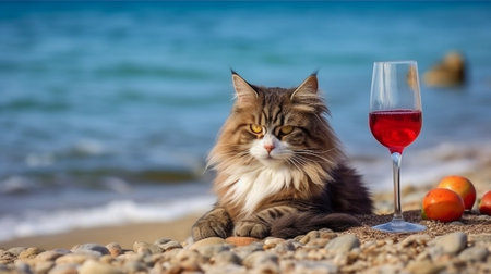 Red wine and a cat on the seashore are both examples of generative AI.の素材