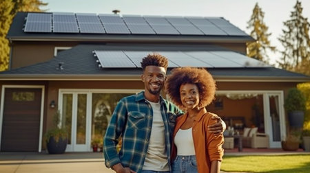 Afro American couple in front of a massive house with solar panels, Generative AIの素材