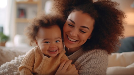 Spending a good time with a foster child. Generative AI allows a young mother to spend time with her darling little adopted kid.の素材