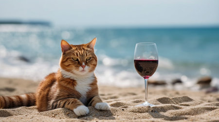 Red wine and a cat on the seashore are both examples of generative AI.の素材