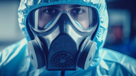 Generative AI blue tone image of a scientist or medical professional entering a biohazardous danger zone while wearing complete protective gearの素材