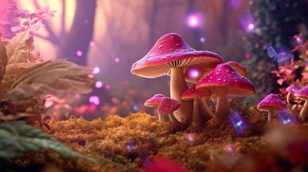 In an enchanted fairy tale, magical mushrooms Generative AI and a fantastic fairytale forest with pink bloomsの素材