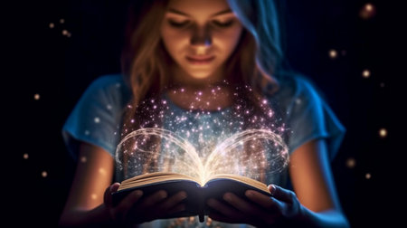 Generative AI, a girl, and a book with magical glow-in-the-dark pagesの素材