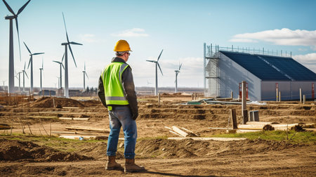 a worker at a building site with solar panels, wind turbines, and other renewable energy sources, Generative AIの素材