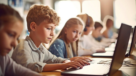 group of teenagers using computers to study together in a classroom, Generative AIの素材