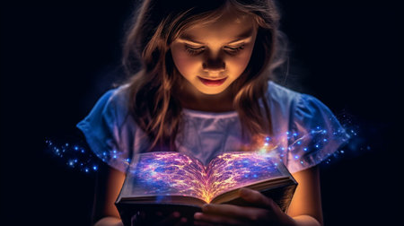 Generative AI, a girl, and a book with magical glow-in-the-dark pagesの素材