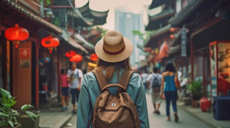On vacation in Asia, a traveller is shown strolling around city streets using Generative AI.の素材