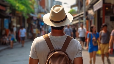 On vacation in Asia, a traveller is shown strolling around city streets using Generative AI.の素材