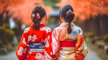 Generative AI, joyful Japanese women wearing kimonos at Fushimi Inari Shrine in Kyoto, Japanの素材