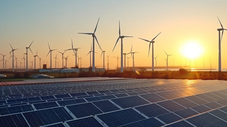 metropolitan areas with smart grid connections for a solar cell factory and wind turbines Generative AI, Wind Turbine, and Energy Supplyの素材