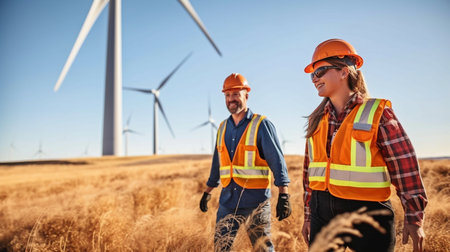 Male and female engineers engaged in a wind farm construction project in a rural, Generative AI area.の素材