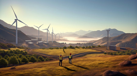 Two with a building site with solar panels, wind turbines, and other green energy sources, a mountain backdrop, and Generative AIの素材