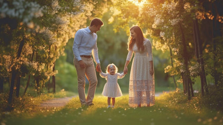 The baby's hands are in the parents'. Generative AI, a joyful family at the park on a summer eveningの素材
