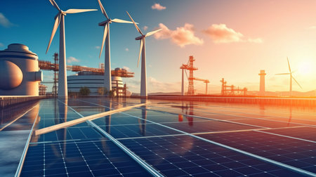 metropolitan areas with smart grid connections for a solar cell factory and wind turbines Generative AI, Wind Turbine, and Energy Supplyの素材
