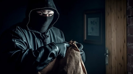 Using Generative AI, a thief with a money bag and a torchの素材
