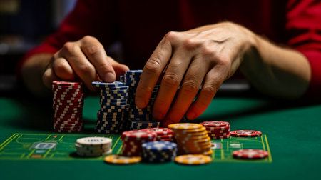 Using Generative AI, a poker player pushes all of his chips into the pot.の素材