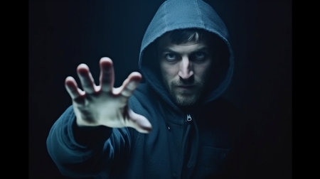 The shocked thief raises his hands and is illuminated by the torch, Generative AIの素材