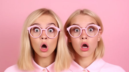 Blonde twins who are shocked remove their sunglasses and turn to face the camera using Generative AI.の素材