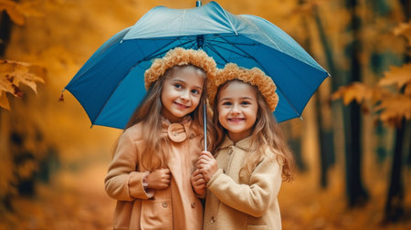 Generative AI Happy Funny Sisters Twins Child Girl With Umbrella In Autumnの素材