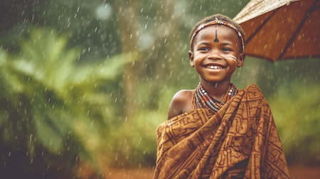 Generative AI: Happy Little Native African Boy Standing Outside in the Rainの素材
