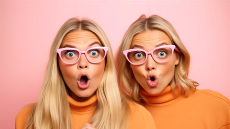 Blonde twins who are shocked remove their sunglasses and turn to face the camera using Generative AI.の素材