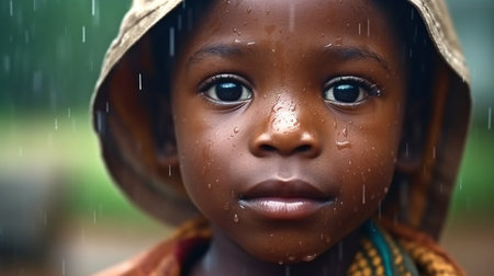 Generative AI: Happy Little Native African Boy Standing Outside in the Rainの素材
