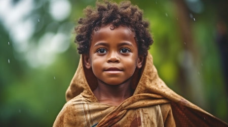 Generative AI: Happy Little Native African Boy Standing Outside in the Rainの素材