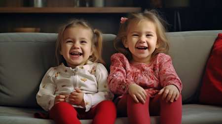 Generative AI, twins on the sofa with a warm grinの素材