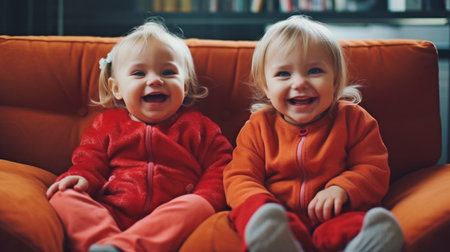 Generative AI, twins on the sofa with a warm grinの素材