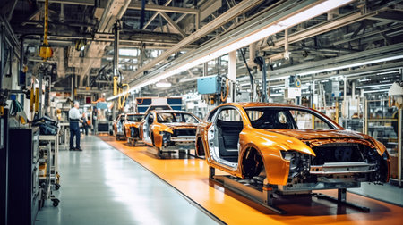 Modern automobiles being mass produced in an active factory, generative AIの素材