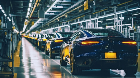 Modern automobiles being mass produced in an active factory, generative AIの素材