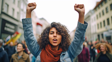Generative AI, young lady demonstrating in the street with her fist raisedの素材