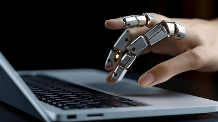 Generative AI, robot finger pointing at laptop buttonの素材