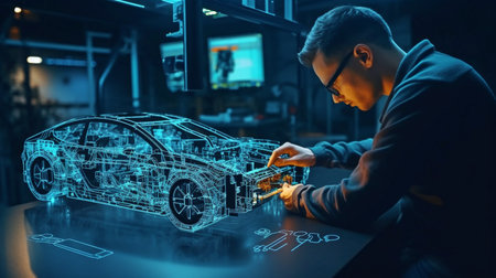 An automotive engineer is developing an electric car chassis platform with the use of Generative AI, Augmented Reality Headsets, and 3D VFX software.の素材