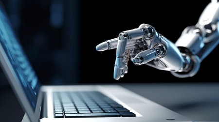 Generative AI, robot finger pointing at laptop buttonの素材