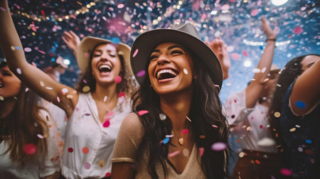 Generative AI and confetti raining over dancing cowgirl hat-wearing ladies at a nightclubの素材