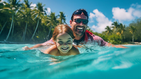 Young daughter and father go diving. Generative AI, a little girl riding her father.の素材