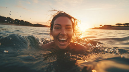 a white female laughing and displaying her pearly whites while swimming in the water at dusk, Generative AIの素材