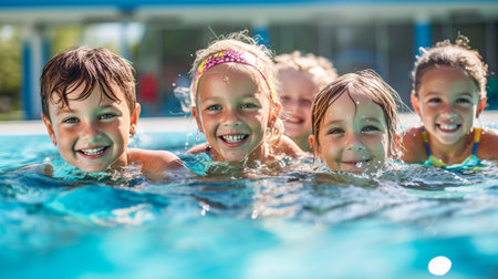 Diverse young children are taking swimming lessons in the pool and learning water safety techniques. The Generative AIの素材