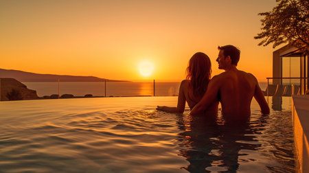 Generative AI captures a loving couple on vacation taking in the summer sunset over the Aegean Sea beside the pool.の素材