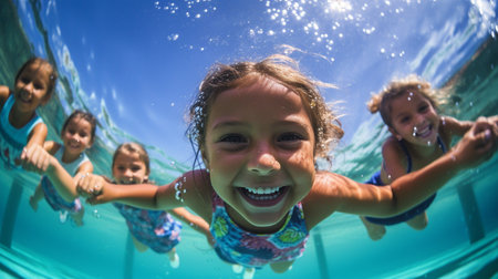 Generative AI, happy children swimming underwaterの素材