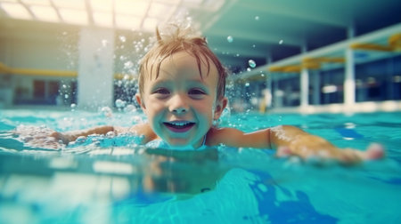 Generative AI of a cute, joyful little child swimming in the pool while wearing gogglesの素材