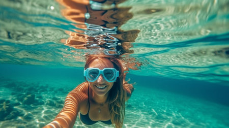 Generative AI with a girl swimming in the ocean wearing sunglassesの素材