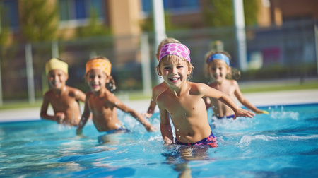 Generative AI is used to train a group of kids to exercise around a pool.の素材