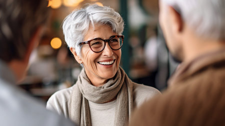 Generative AI is being used by a retired older woman with short grey hair while she enjoys coffee with her neighbour.の素材