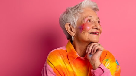 Positive portrait of an old woman sketching a rainbow on her face and averting her gaze on a pink backdrop, The Generative AIの素材