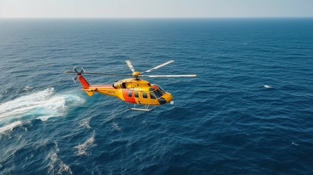 a maritime search and rescue operation. After an accident, a rescue chopper searches the water's surface for casualties. The Generative AIの素材