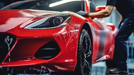 Washing a Red Performance Car with a High Pressure Cleaner, Adult Car Washer in Uniform, Generative AIの素材
