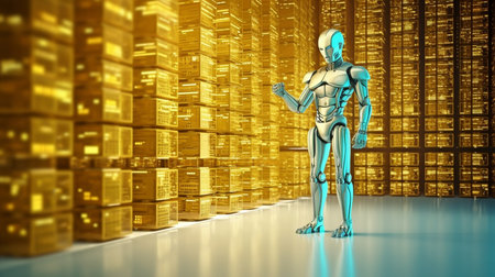 Data is stored online by an AI robot huminoid using cloud computing technologies. Generative AI and machine learning are used to examine a futuristic cloud information storage idea.の素材